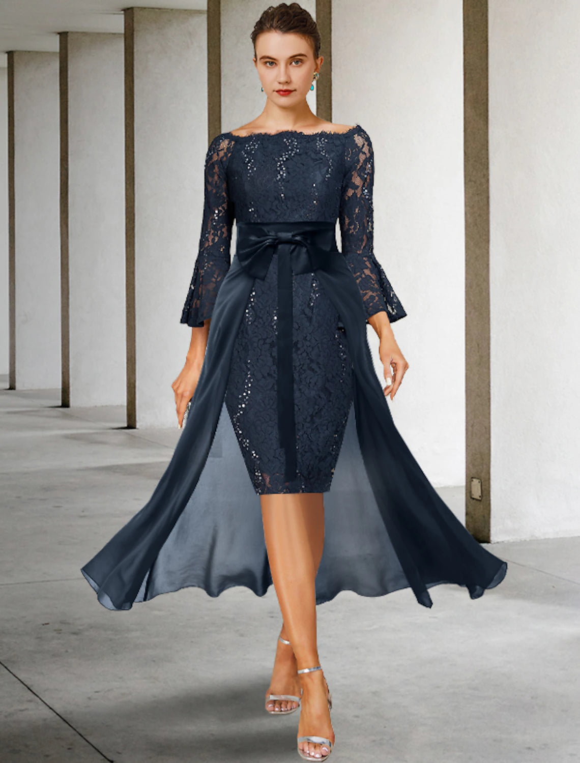 Luolandi Two Piece Sheath / Column Mother of the Bride Dress Formal Wedding Guest Party Elegant Off Shoulder Knee Length Chiffon Lace Imitated Silk 3/4 Length Sleeve